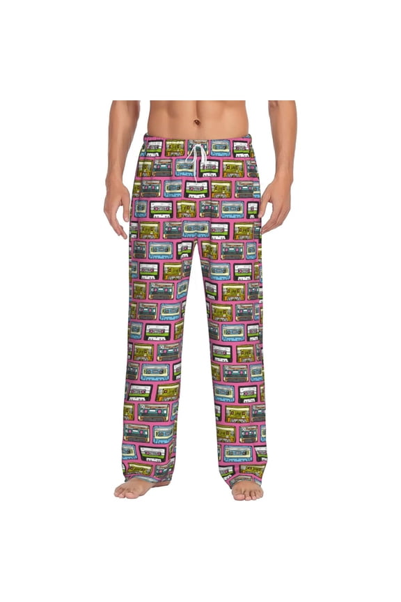Retro Cassette Print Pajama Pants for Men,Men’s Pajama Bottoms,Mens PJ Pants with Pockets & Button Fly-3X-Large