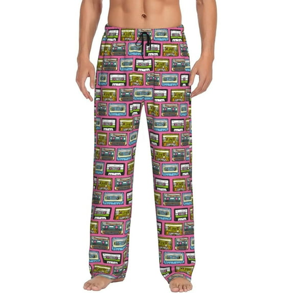 Logiee Retro Cassette Print Pajama Pants for Men,Men’s Pajama Bottoms,Mens PJ Pants with Pockets & Button Fly-Medium