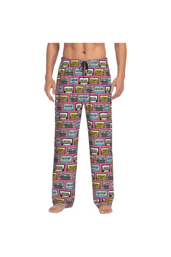 Retro Cassette Print Pajama Pants for Men,Men’s Pajama Bottoms,Mens PJ Pants with Pockets & Button Fly-X-Large