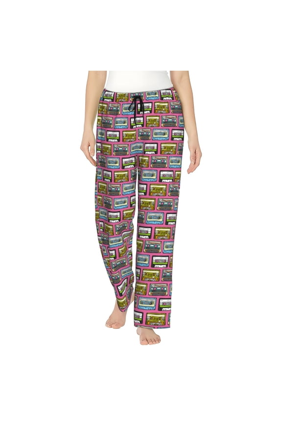 Retro Cassette Print Women Pajama Pants,Comfy Pj Bottom with Pockets & Drawstring,Stretch Casual Sleepwear-XX-Large