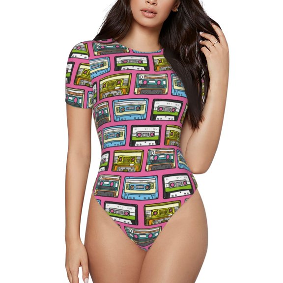 Logiee Retro Cassette Print Women's Short Sleeve Bodysuit,Crew Neck Soft Comfortable Fit Sexy Top,Body Suit Shirts,Short Sleeve T-Shirts-XX-Large