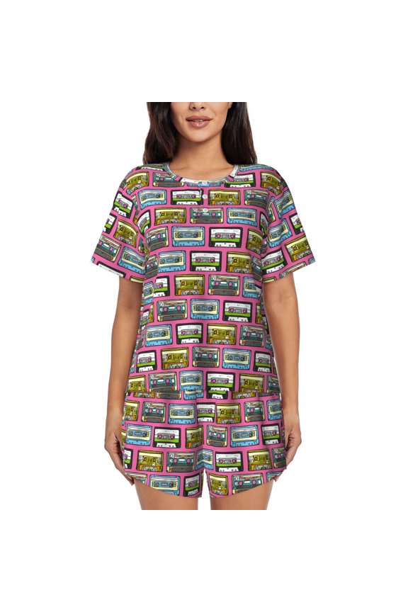Retro Cassette Print Womens Pajamas Set,Short-Sleeve Pajama 2 Piece Sleepwear with Pockets-Small