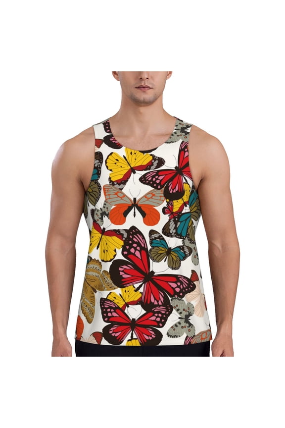 Retro Floral Butterfly Print Men's Workout Tank Top,Quick Dry Workout Tank Top,Gym Muscle Tee,Fitness Bodybuilding Sleeveless T Shirt-Medium