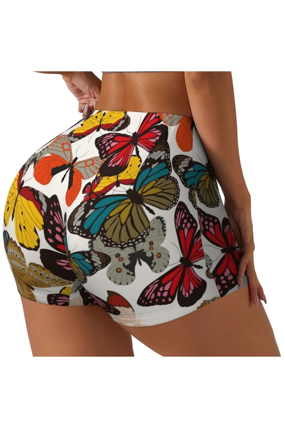 Retro Floral Butterfly Print Women's Biker Shorts,Workout Gym Shorts,Scrunch Shorts,Tummy Control Hidden Scrunch Running Yoga Shorts-Large