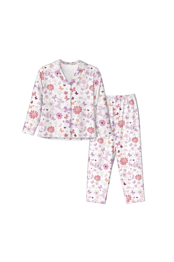Retro Floral Print Womens Pajamas Set,Long Sleeve Sleepwear,Button Down Lounge Set 2 Pieces,Soft Nightwear Pjs Set-XX-Large
