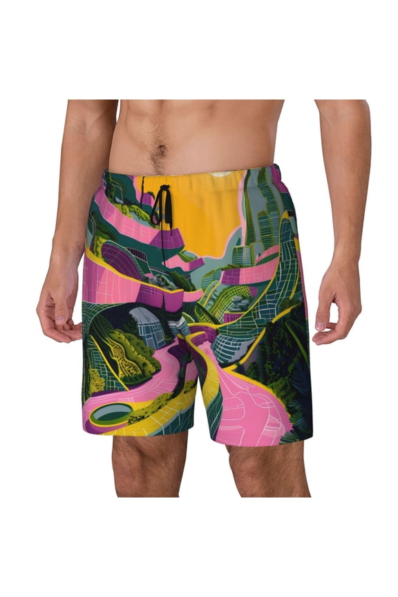 Retro Futuristic Landscape Print Men's Swim Trunk,Quick Dry Board Shorts ,Men's Swim Trunks with Compression Liner, Bathing Suits with Pockets-Medium