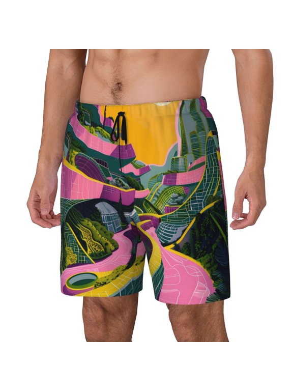 Retro Futuristic Landscape Print Men's Swim Trunk,Quick Dry Board Shorts ,Men's Swim Trunks with Compression Liner, Bathing Suits with Pockets-Medium