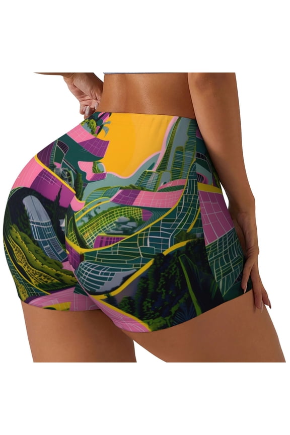 Retro Futuristic Landscape Print Women's Biker Shorts,Workout Gym Shorts,Scrunch Shorts,Tummy Control Hidden Scrunch Running Yoga Shorts-Medium