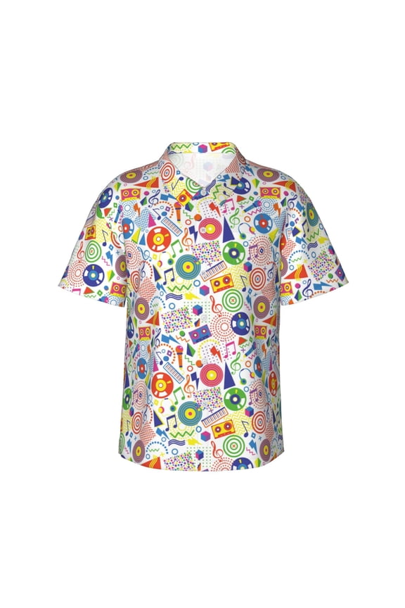 Retro Musi Disco Print Mens Hawaiian Shirts,Loose-Fit Short Sleeve Button Down Tropical Aloha Beach Shirt,Summer Vacation Wedding Tops,Large