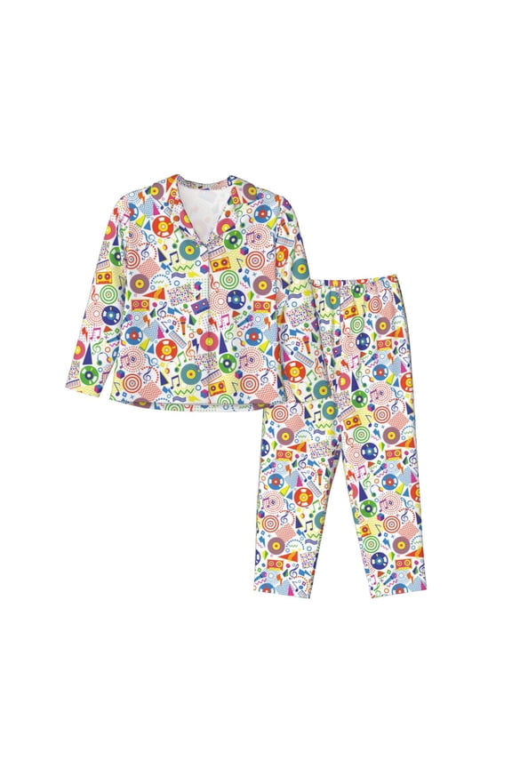 Retro Musi Disco Print Womens Pajamas Set,Long Sleeve Sleepwear,Button Down Lounge Set 2 Pieces,Soft Nightwear Pjs Set-Large