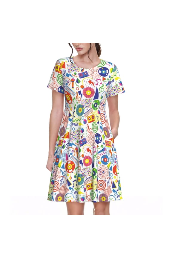 Retro Musi Disco Print Womens Summer Dress,Casual Short Sleeve Sundresses,Beach A-line Shift Dress with Pockets