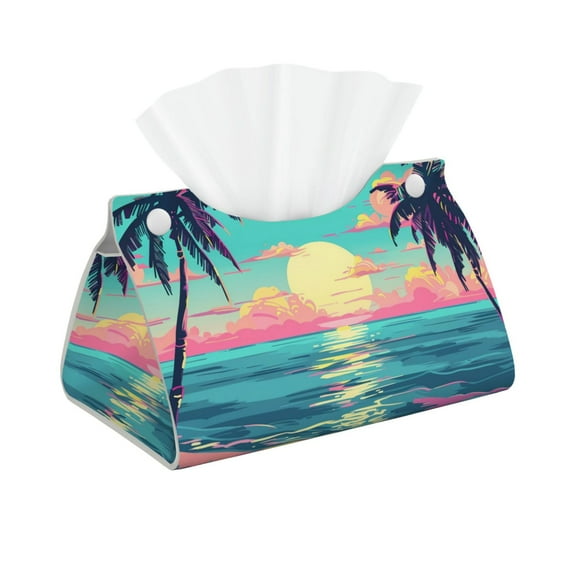 Logiee Retro Palm Beach Sunset Print Tissue Box Cover,Stylish Tissue Box Holder Decorative Tissue Cover for Bathroom Toilet Bedroom Living Room Table Desk Office