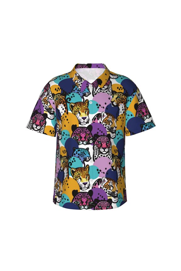 Retro Panther Print Mens Hawaiian Shirts,Loose-Fit Short Sleeve Button Down Tropical Aloha Beach Shirt,Summer Vacation Wedding Tops,