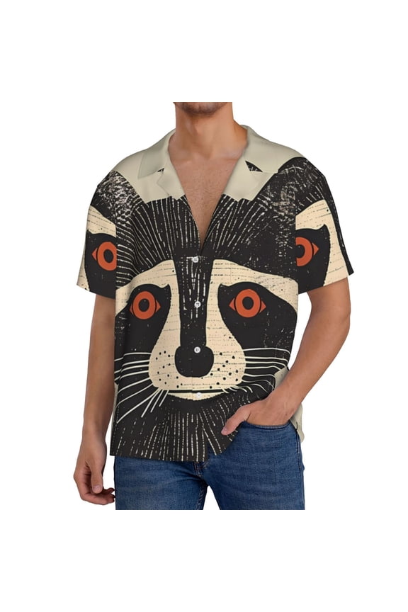 Retro Raccoon Graphic Print Print Men's Button Down Shirts Short Sleeve, Summer Beach Shirts,Vacation Wedding Shirts,Men's Casual Button-Down Shirts with Pocket-XX-Large