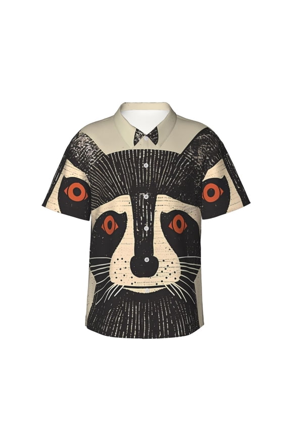 Retro Raccoon Graphic Print Print Mens Hawaiian Shirts,Loose-Fit Short Sleeve Button Down Tropical Aloha Beach Shirt,Summer Vacation Wedding Tops,Small