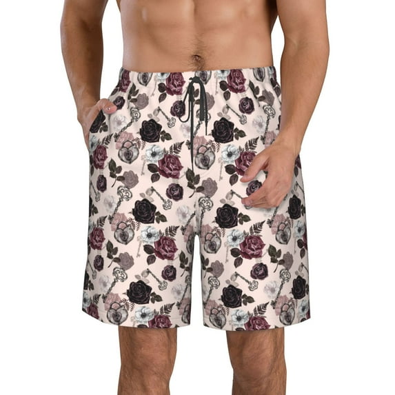 Logiee Retro Red Black Roses Print Mens Swim Trunks Quick Dry Board Shorts,Breathable Hawaii Beach Shorts Swimwear Bathing Suits-XX-Large