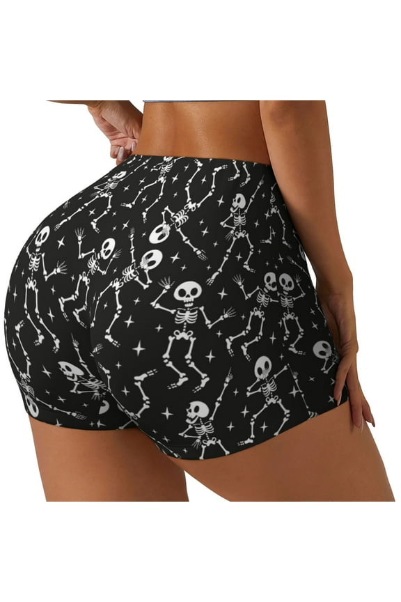 Retro Skeleton Dancing On Halloween Party Print Women's Biker Shorts,Workout Gym Shorts,Scrunch Shorts,Tummy Control Hidden Scrunch Running Yoga Shorts-