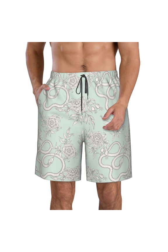 Retro Snake Print Mens Swim Trunks Quick Dry Board Shorts,Breathable Hawaii Beach Shorts Swimwear Bathing Suits-Large