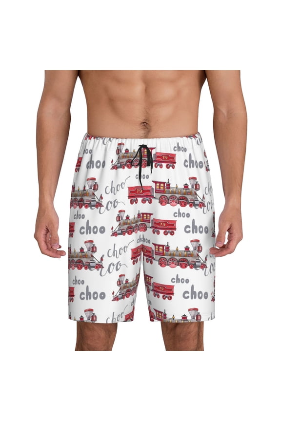 Retro Train Print Men's Pajama Shorts with Drawstring & Pockets,Sleep Shorts for Men,Sleepwear Bottoms,Elastic Waistband Loungewear-XX-Large