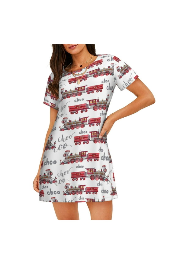 Retro Train Print Nightgowns for Women,Soft Short-Sleeved Lightweight Sleepwear, Loose Sleepshirts