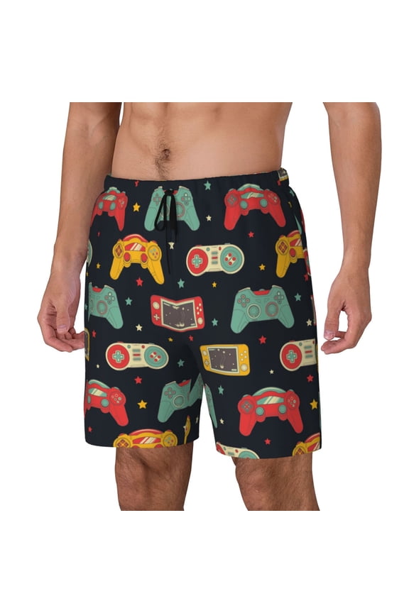 Retro Video Game Print Men's Swim Trunk,Quick Dry Board Shorts ,Men's Swim Trunks with Compression Liner, Bathing Suits with Pockets-Small