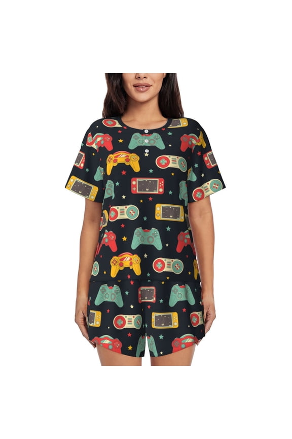 Retro Video Game Print Womens Pajamas Set,Short-Sleeve Pajama 2 Piece Sleepwear with Pockets-Medium