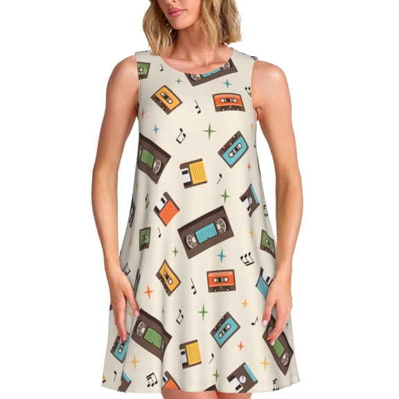 Logiee Retro Vintage Tape Print Summer Dresses for Women,Beach Sleeveless Flowy Pocket Tshirt Tank Sundresses,Women's Sleeveless Dress