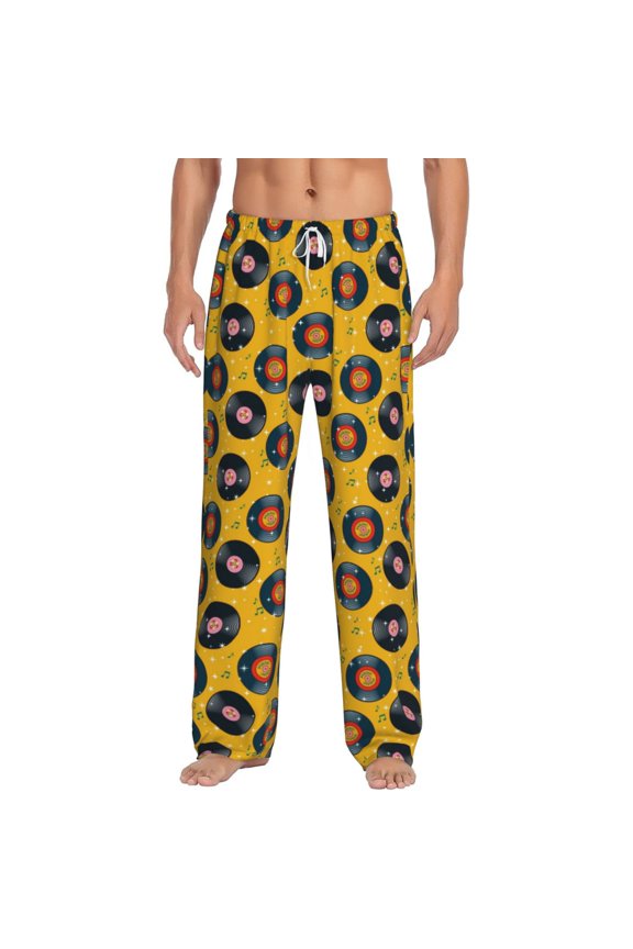Retro Vinyl Records Print Pajama Pants for Men,Men’s Pajama Bottoms,Mens PJ Pants with Pockets & Button Fly-Small