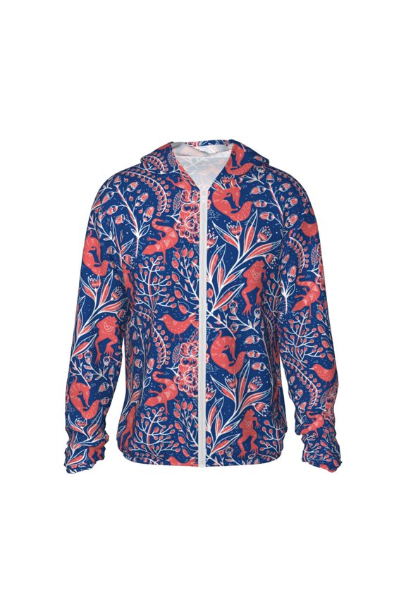 Retro plants forest animals Print Men's Women Light Jacket Full Zip Sun Protection Hoodie Long Sleeve Sun Shirts for Men Hiking Fishing Zip Pockets-Small