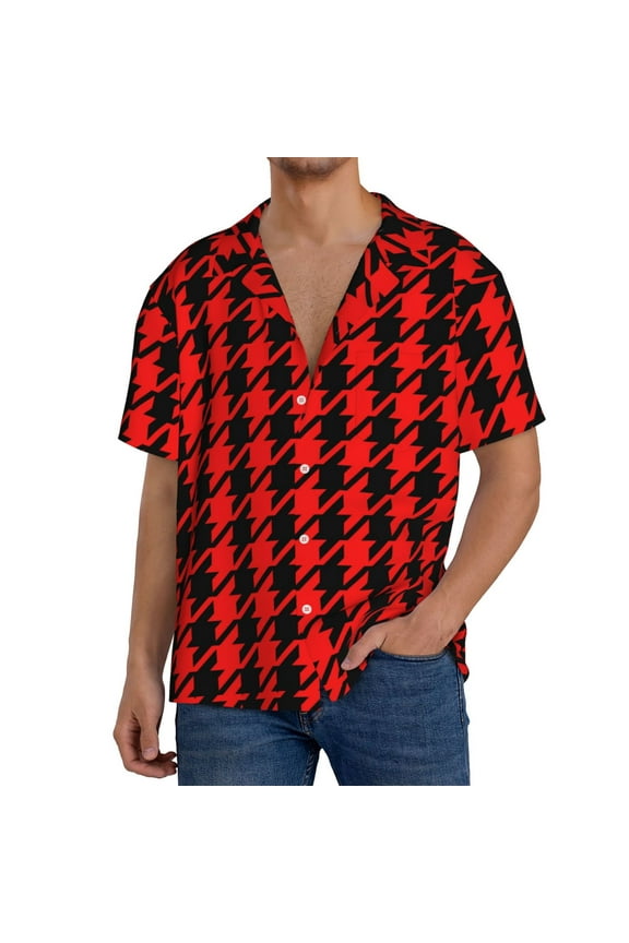 Retro red and Black Houndstooth Print Men's Button Down Shirts Short Sleeve, Summer Beach Shirts,Vacation Wedding Shirts,Men's Casual Button-Down Shirts with Pocket-Large