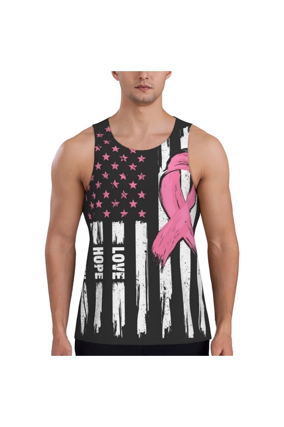 Ribbon Breast Cancer Awareness Print Men's Workout Tank Top,Quick Dry Workout Tank Top,Gym Muscle Tee,Fitness Bodybuilding Sleeveless T Shirt-Medium
