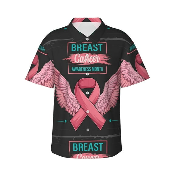 Logiee Ribbon With Angel Wings Print Mens Hawaiian Shirts,Loose-Fit Short Sleeve Button Down Tropical Aloha Beach Shirt,Summer Vacation Wedding Tops,3X-Large