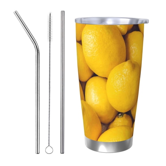 Logiee Ripe Yellow Lemon Print 20OZ Car Cup with Lid, Stainless Steel Vacuum Insulated Double Wall Travel Tumbler, Durable Insulated Coffee Mug,Thermal Cup with Straw-Straw Three-piece Set