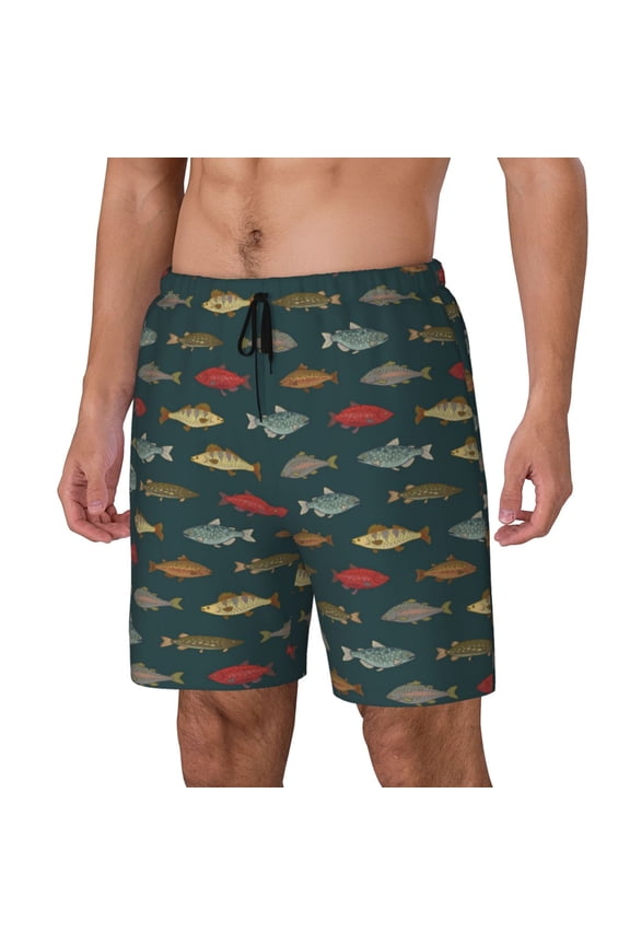 River Freshwater Fish Print Men's Swim Trunk,Quick Dry Board Shorts ,Men's Swim Trunks with Compression Liner, Bathing Suits with Pockets-Large