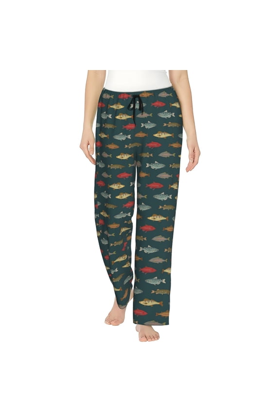 River Freshwater Fish Print Women Pajama Pants,Comfy Pj Bottom with Pockets & Drawstring,Stretch Casual Sleepwear-Medium