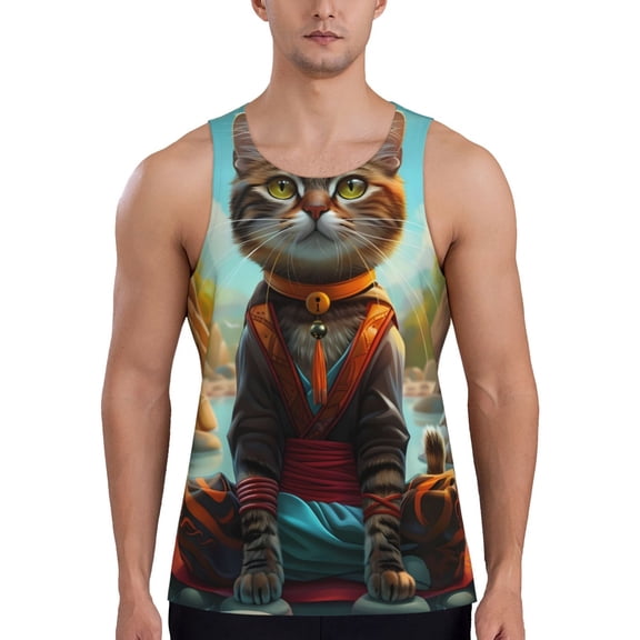 Logiee Riverside Meditating Cat Print Men's Workout Tank Top,Quick Dry Workout Tank Top,Gym Muscle Tee,Fitness Bodybuilding Sleeveless T Shirt-Large