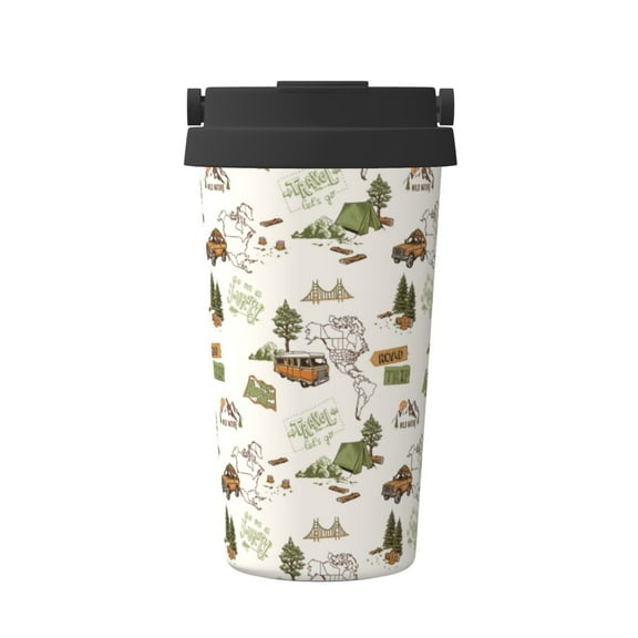 Logiee Road Trip Print Stainless Steel Coffee Tumbler, Travel Coffee Mug, Insulated Coffee Mug with Lid, Spill Proof Coffee Cup, Portable Thermal Mug
