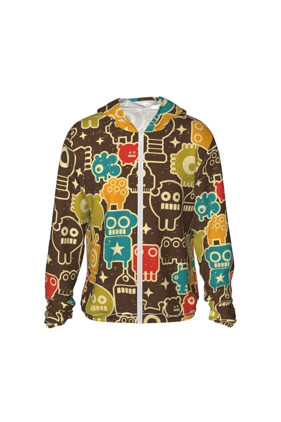 Robot and Monsters Print Men's Women Light Jacket Full Zip Sun Protection Hoodie Long Sleeve Sun Shirts for Men Hiking Fishing Zip Pockets-Large