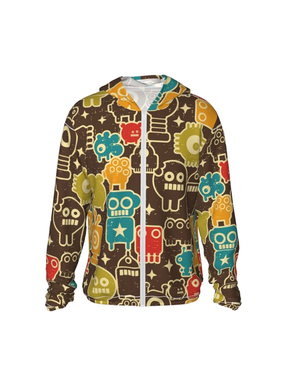 Robot and Monsters Print Men's Women Light Jacket Full Zip Sun Protection Hoodie Long Sleeve Sun Shirts for Men Hiking Fishing Zip Pockets-Medium