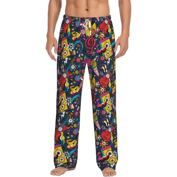 Logiee Rock Music Print Pajama Pants for Men,Men’s Pajama Bottoms,Mens PJ Pants with Pockets & Button Fly-Large