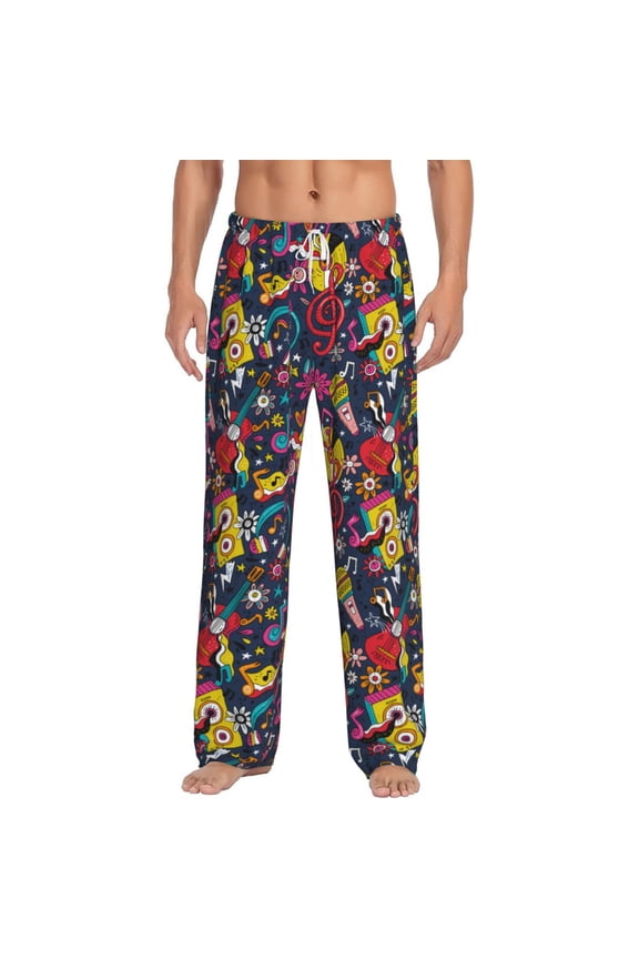 Rock Music Print Pajama Pants for Men,Men’s Pajama Bottoms,Mens PJ Pants with Pockets & Button Fly-Small