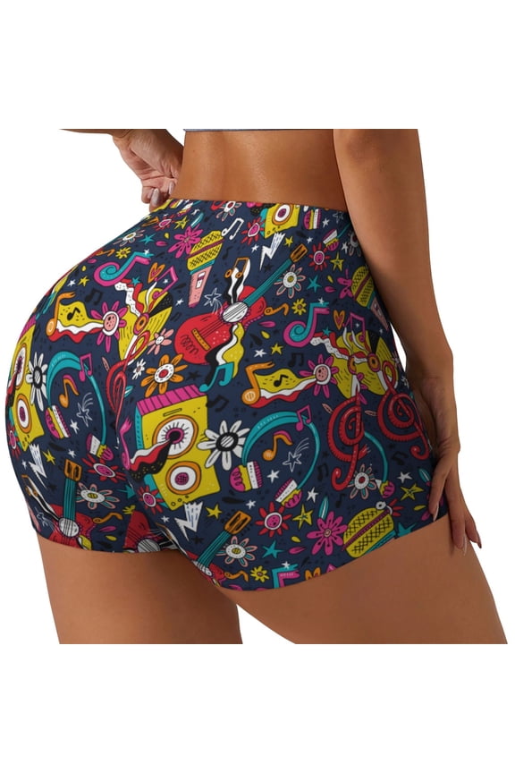 Rock Music Print Women's Biker Shorts,Workout Gym Shorts,Scrunch Shorts,Tummy Control Hidden Scrunch Running Yoga Shorts-Medium