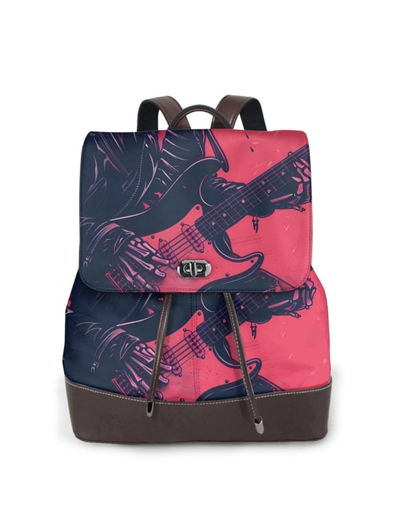 Logiee Rock Skull Guitarist Print Backpack Purse for Women,Fashion Leather Backpack Purse,Women's Leather Backpack for Work College Travel