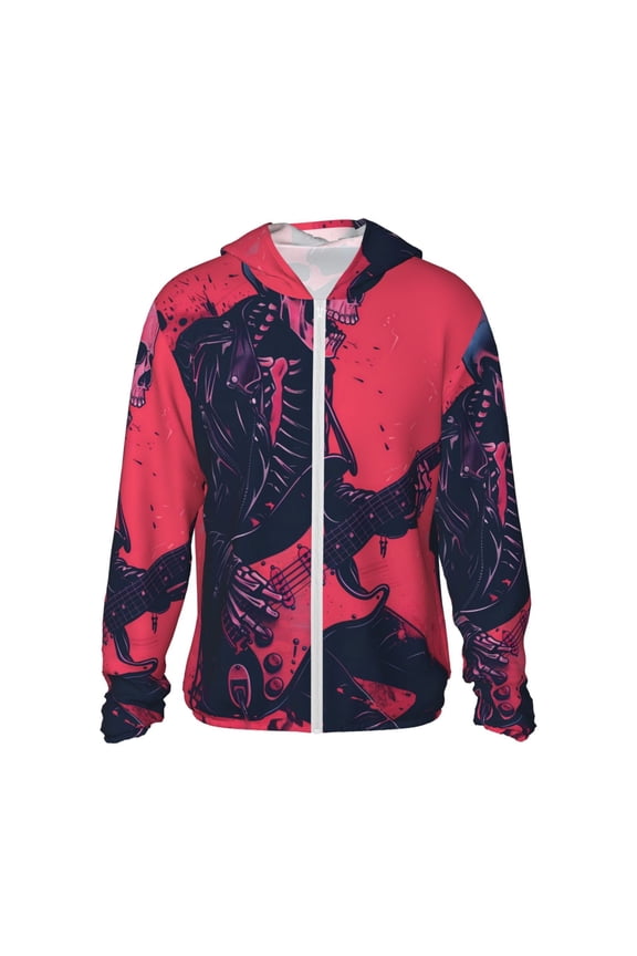 Rock Skull Guitarist Print Men's Women Light Jacket Full Zip Sun Protection Hoodie Long Sleeve Sun Shirts for Men Hiking Fishing Zip Pockets-X-Large