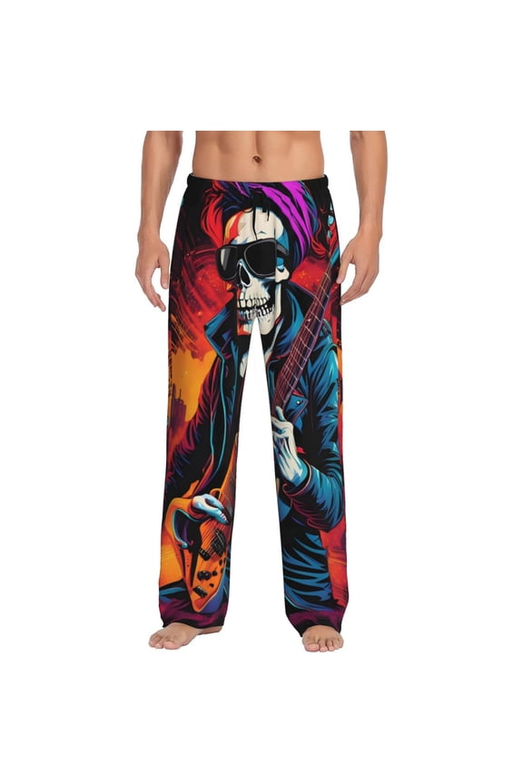Rock Skull Singer Print Pajama Pants for Men,Men’s Pajama Bottoms,Mens PJ Pants with Pockets & Button Fly-Large
