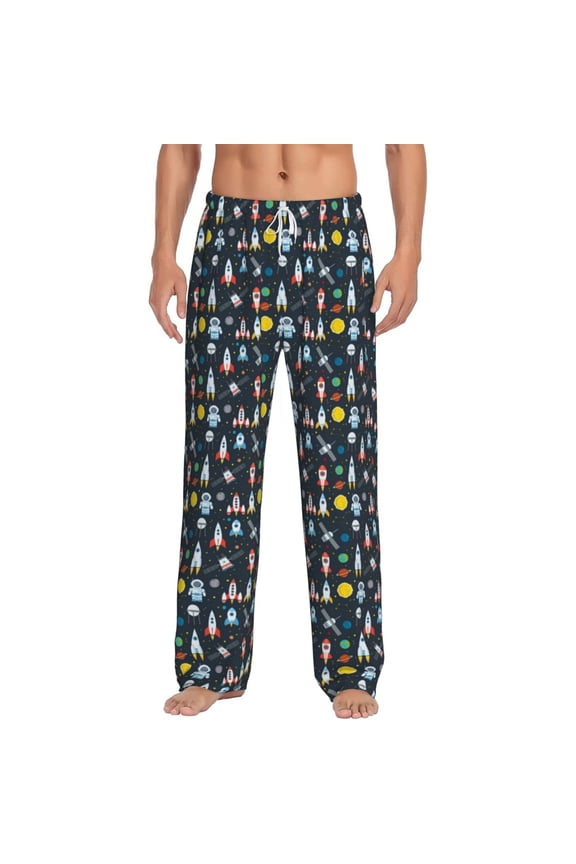 Rocket Space Print Pajama Pants for Men,Men’s Pajama Bottoms,Mens PJ Pants with Pockets & Button Fly-X-Large