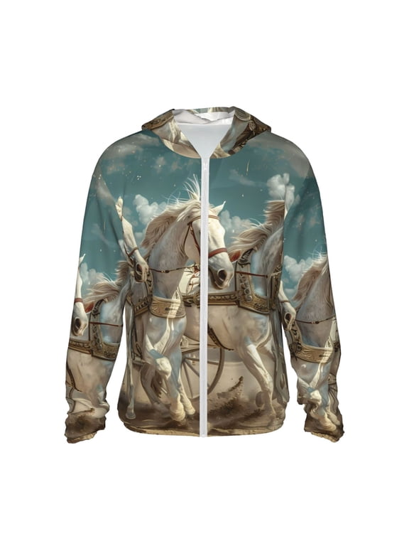 Roman Chariot Horse Race Print Men's Women Light Jacket Full Zip Sun Protection Hoodie Long Sleeve Sun Shirts for Men Hiking Fishing Zip Pockets-X-Large