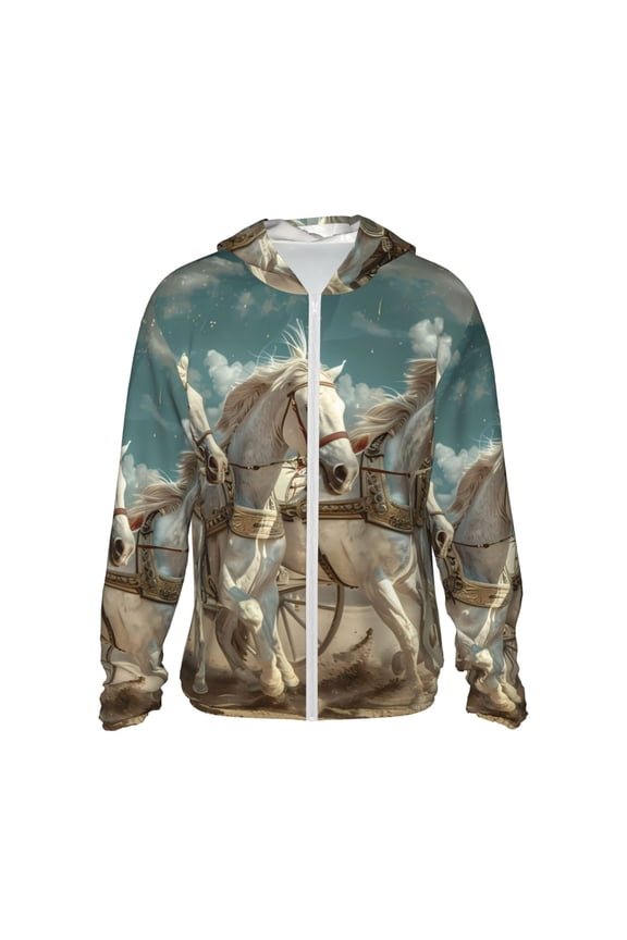 Roman Chariot Horse Race Print Men's Women Light Jacket Full Zip Sun Protection Hoodie Long Sleeve Sun Shirts for Men Hiking Fishing Zip Pockets-X-Large