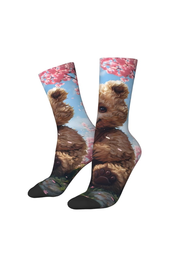 Romantic Floral Bear Print Adult Socks for Men & Women,Calf Socks, Ankle Socks,Boots Socks,Breathable Casual Sock,Unisex Crew Socks