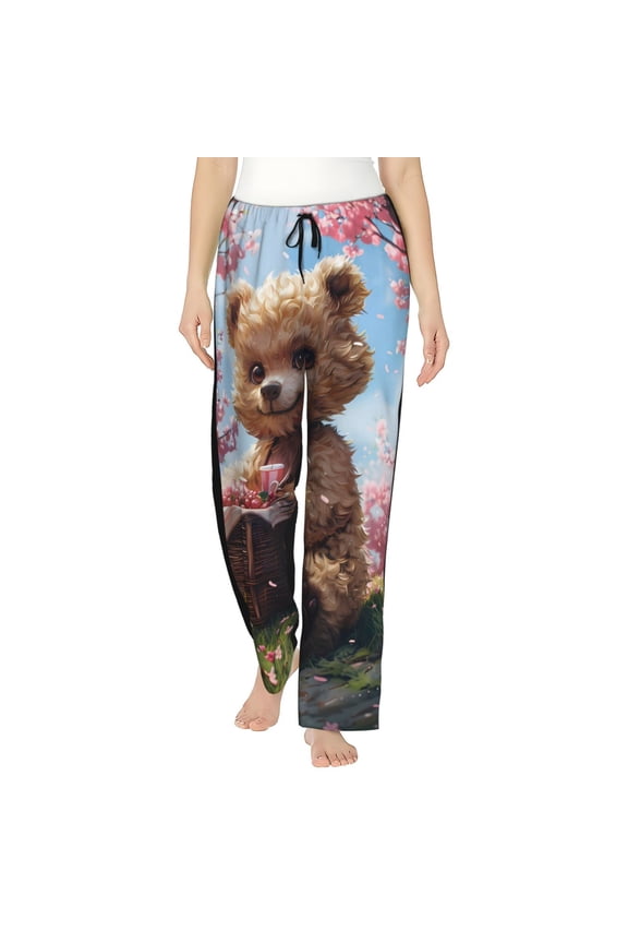 Romantic Floral Bear Print Women Pajama Pants,Comfy Pj Bottom with Pockets & Drawstring,Stretch Casual Sleepwear-Small
